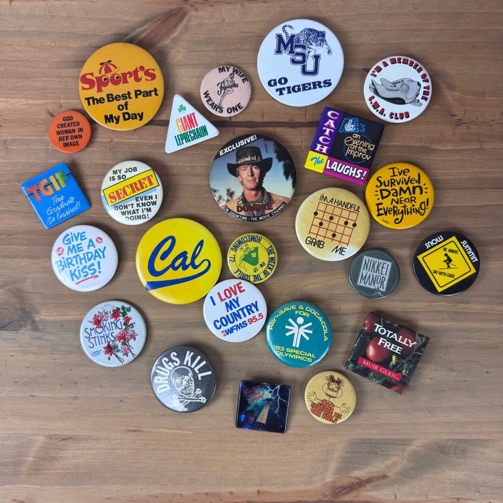 Big bag of random vintage pins / buttons Various sizes promotional buttons